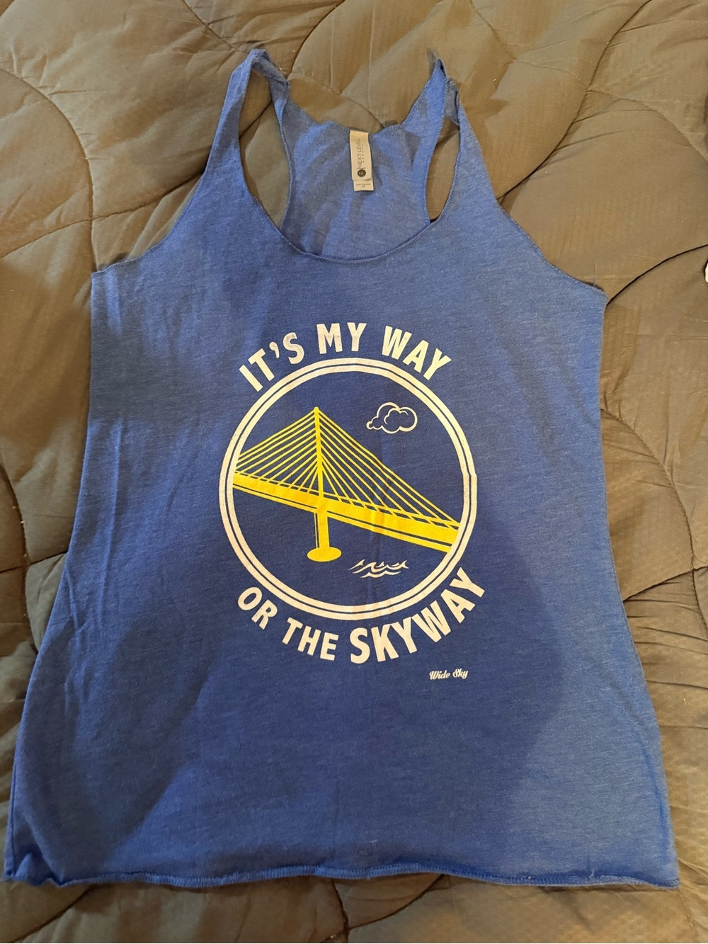Next Level Apparel Blue Racerback Tank with Yellow & White Graphic